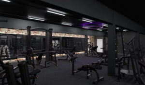 Dunkel gestalteter Krafttrainingsbereich im EASYFITNESS-Studio mit Trainingsbänken und modernen Geräten