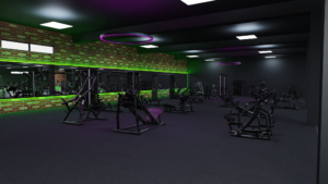 Krafttrainingsbereich im EASYFITNESS Rastatt mit modernen Geräten und grüner Beleuchtung