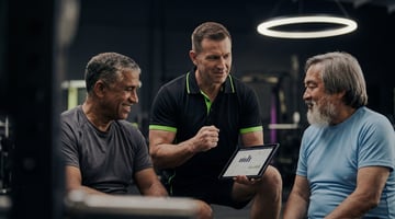 Trainer bespricht mit zwei älteren Männern ihre Trainingsfortschritte auf einem Tablet im EASYFITNESS-Studio