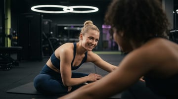 Zwei Frauen beim gemeinsamen Dehnen auf einer Trainingsmatte im EASYFITNESS-Studio